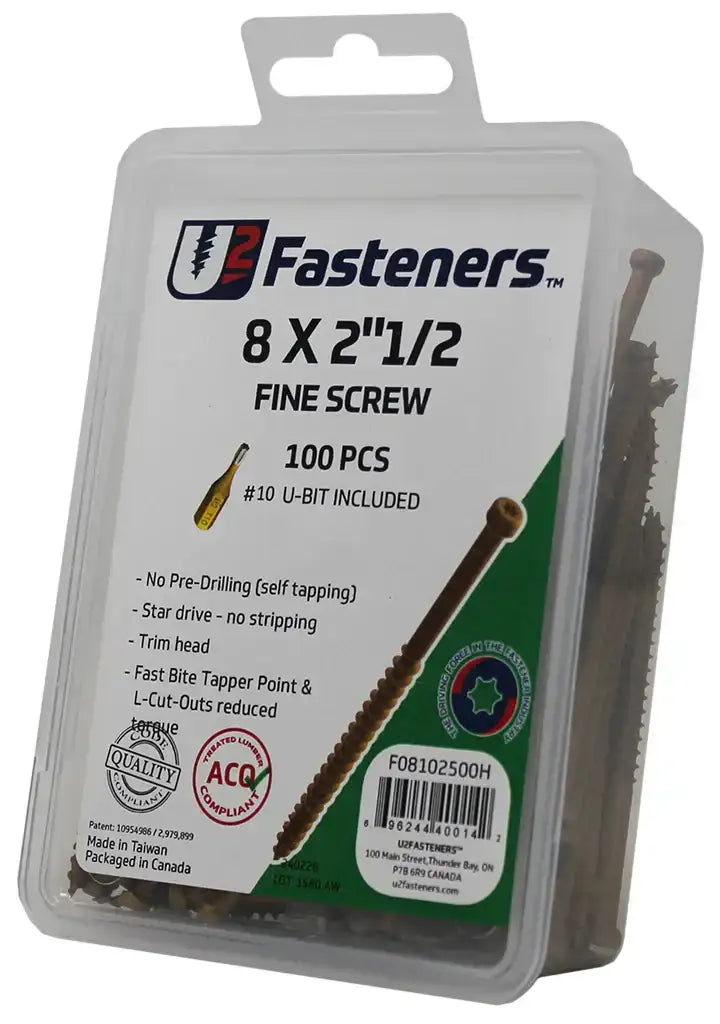 U2 Fasteners 8 x 2-1/2 inch fine screws, 100 pcs with #10 U-bit, self-tapping industrial hardware