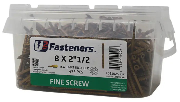 U2 Fasteners 8 x 2-1/2 inch fine screws, 475 pcs, with #10 U-bit included, industrial hardware supply