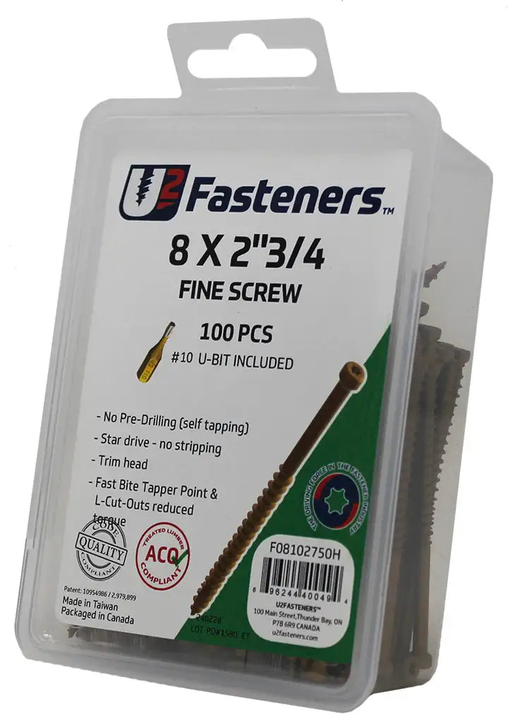 U2 Fasteners 8 x 2-3/4 inch fine screws, 100 pcs with #10 U-bit, self-tapping trim head for industrial use