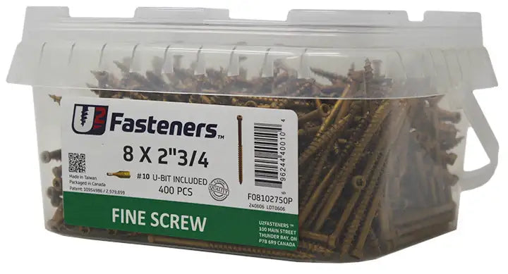 8 x 2-3/4 inch fine thread screws, 400 pcs in clear container, #10 U-bit included for industrial fastening