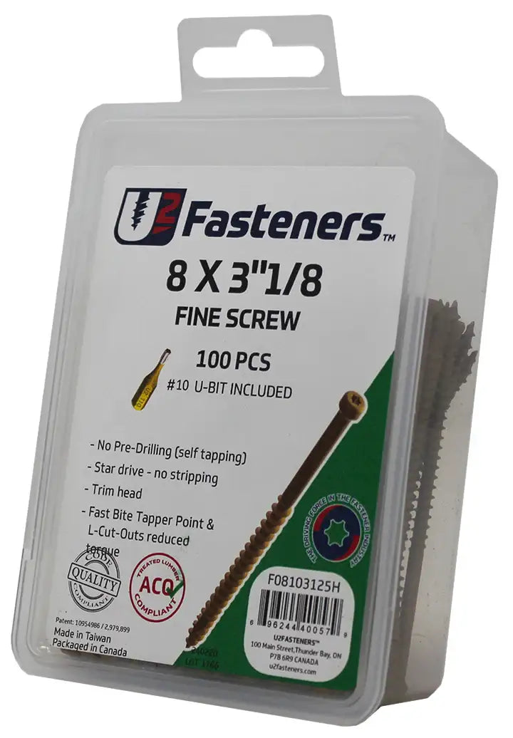 U2 Fasteners 8 x 3-1/8 inch fine screws, 100 pcs with #10 U-bit, self-tapping industrial hardware