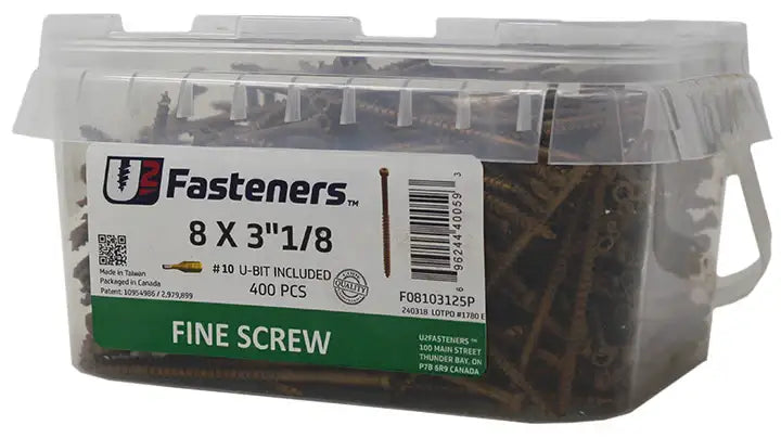 U2 Fasteners 8 x 3-1/8 inch fine screws, 400 pcs in clear tub, includes #10 U-bit, industrial supply