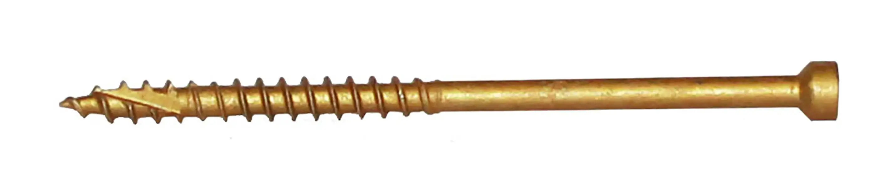 Gold-colored wood screw with sharp tip and coarse threading for industrial use