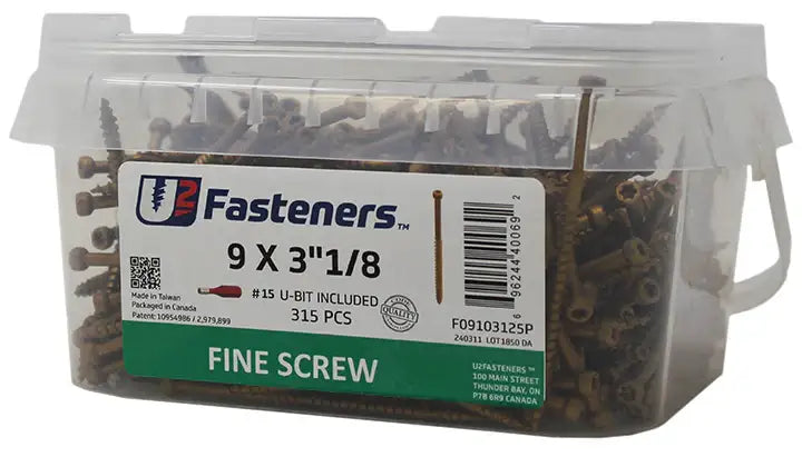 U2 Fasteners 9 x 3-1/8 inch fine screws, 315 pcs, #15 U-bit included, industrial-grade hardware for manufacturing