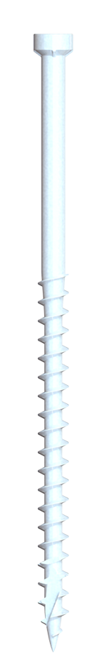 White industrial screw with sharp tip and threaded shaft for manufacturing and assembly applications