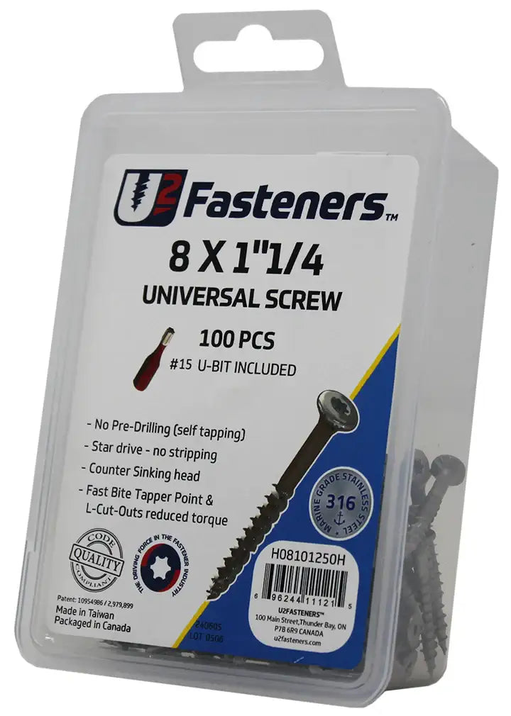 U2 Fasteners 8 x 1-1/4 in. universal screws, 100 pcs, 316 marine-grade stainless steel, self-tapping, includes #15 U-bit