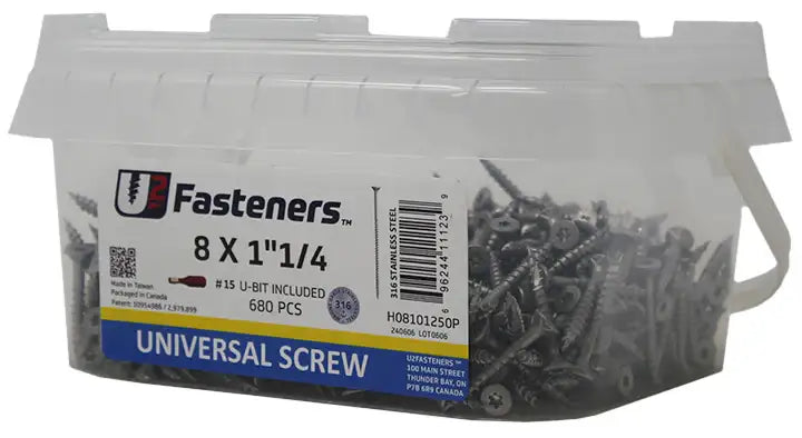 8 x 1-1/4 inch universal screws in clear tub, 680 pcs, stainless steel, #15 U-bit included