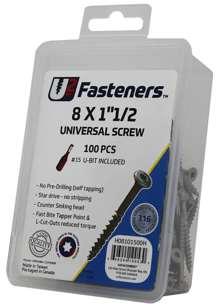 U2 Fasteners 8 x 1-1/2 inch universal screws, 100 pcs, marine grade 316 stainless steel, self-tapping, includes #15 U-bit