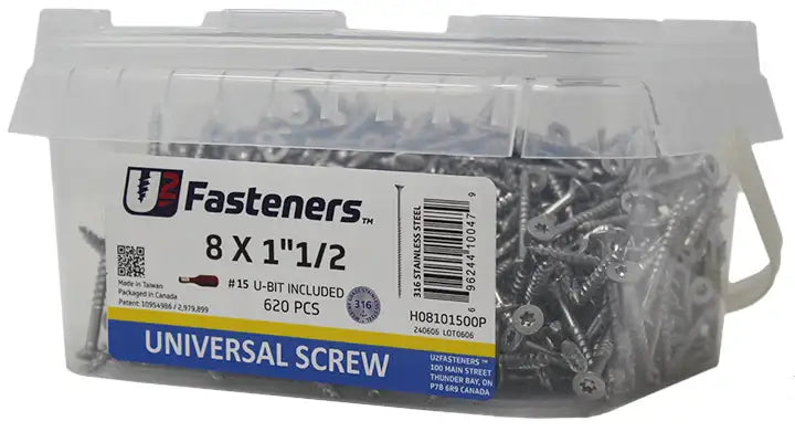 8 x 1-1/2 inch universal screws in clear container, 620 pcs, #15 U-bit included, stainless steel fasteners