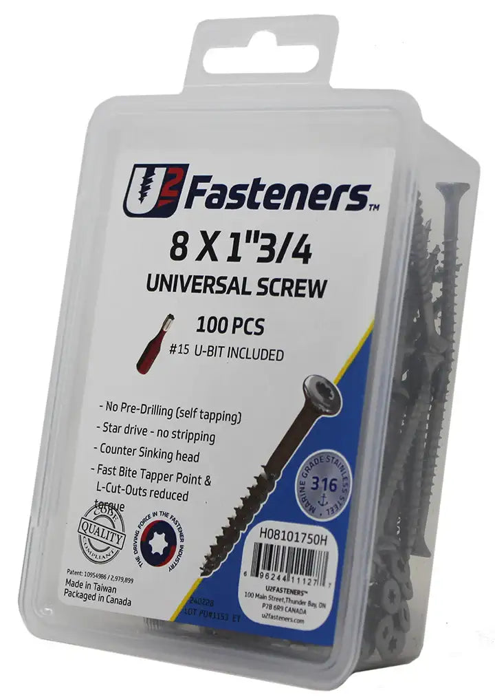 U2 Fasteners 8 x 1-3/4 in. universal screws, 100 pcs, stainless steel, self-tapping, includes #15 U-bit