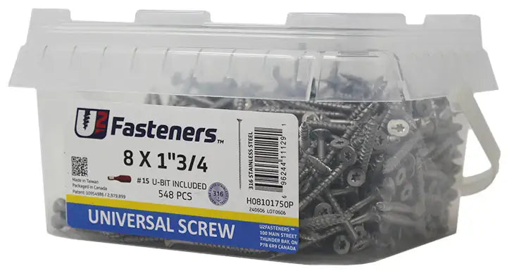 8 x 1-3/4 inch universal screws in clear container, 316 stainless steel, 548 pcs, includes #15 U-bit