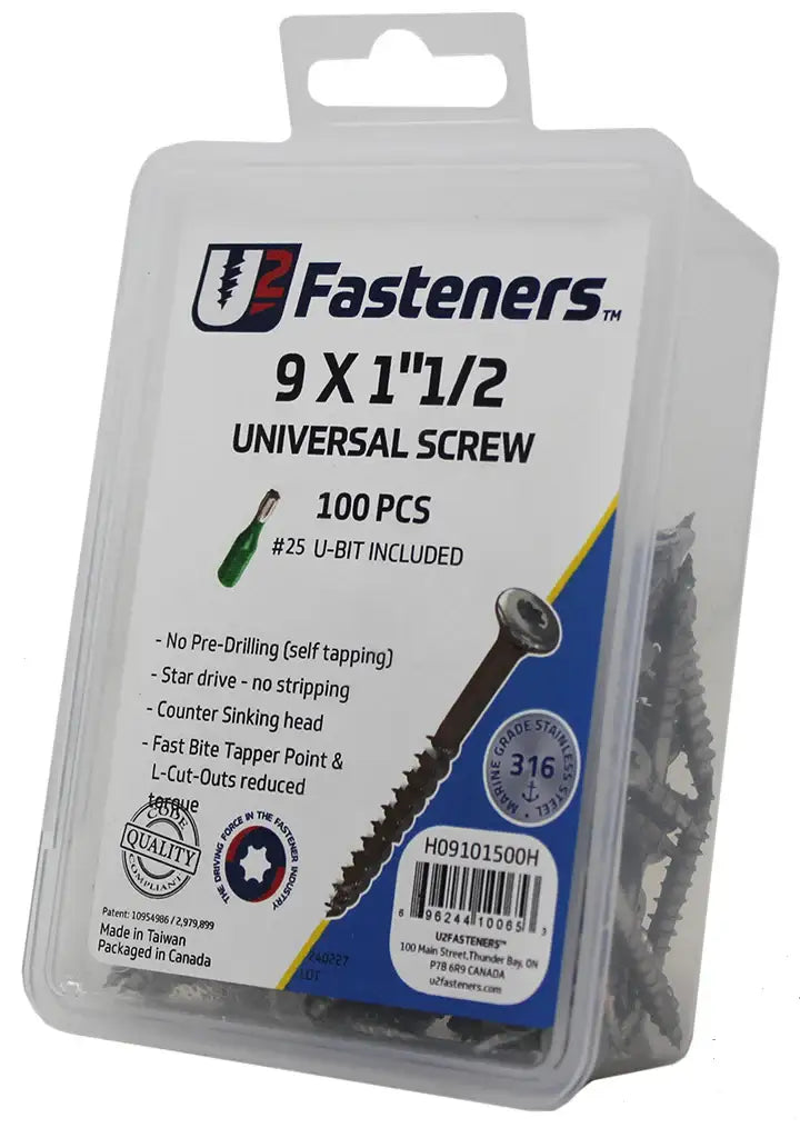 U2 Fasteners 9 x 1-1/2 in universal screws, 100 pcs, 316 stainless steel, self-tapping, includes #25 U-bit