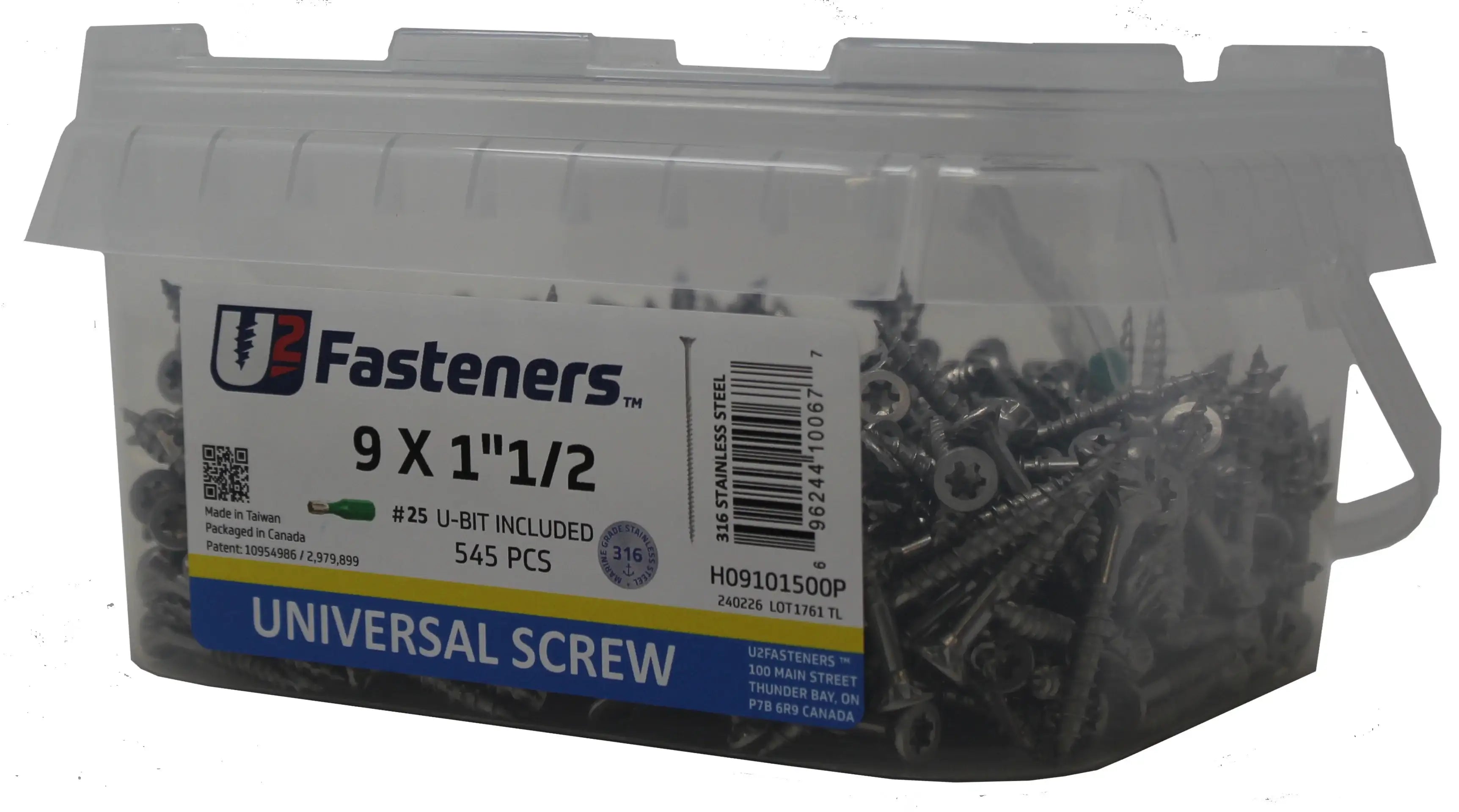 Universal screws 9 x 1-1/2 inch, 316 stainless steel, 545 pcs in clear container with U-bit included