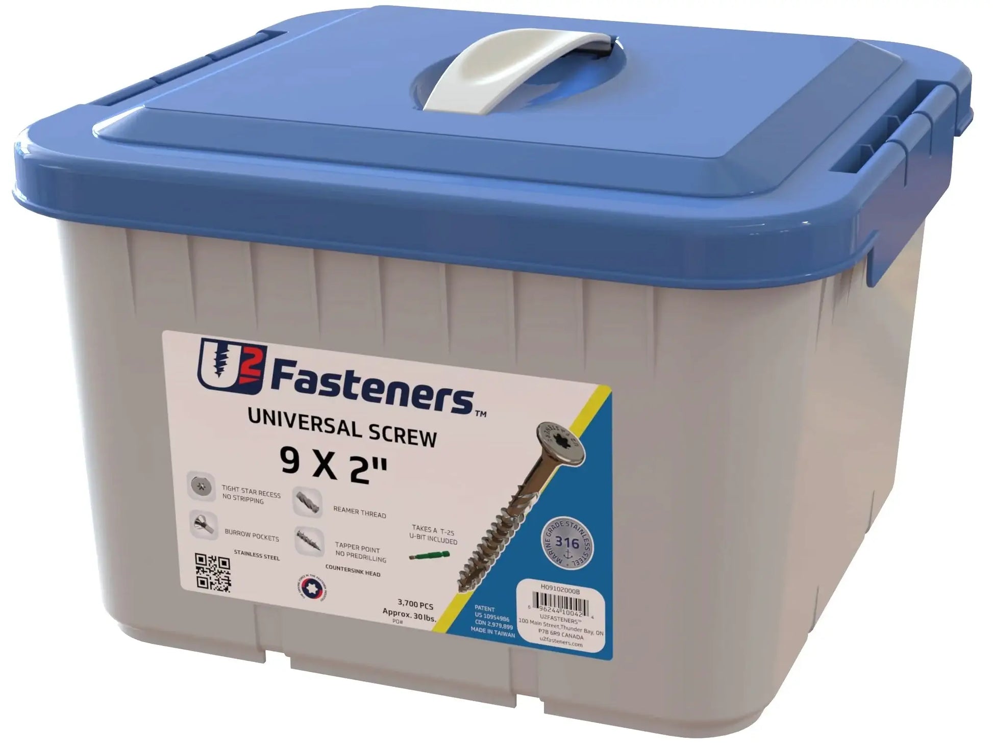 U2 Fasteners 9 x 2 inch universal screws in bulk bin, stainless steel, 3,700 pcs for industrial use