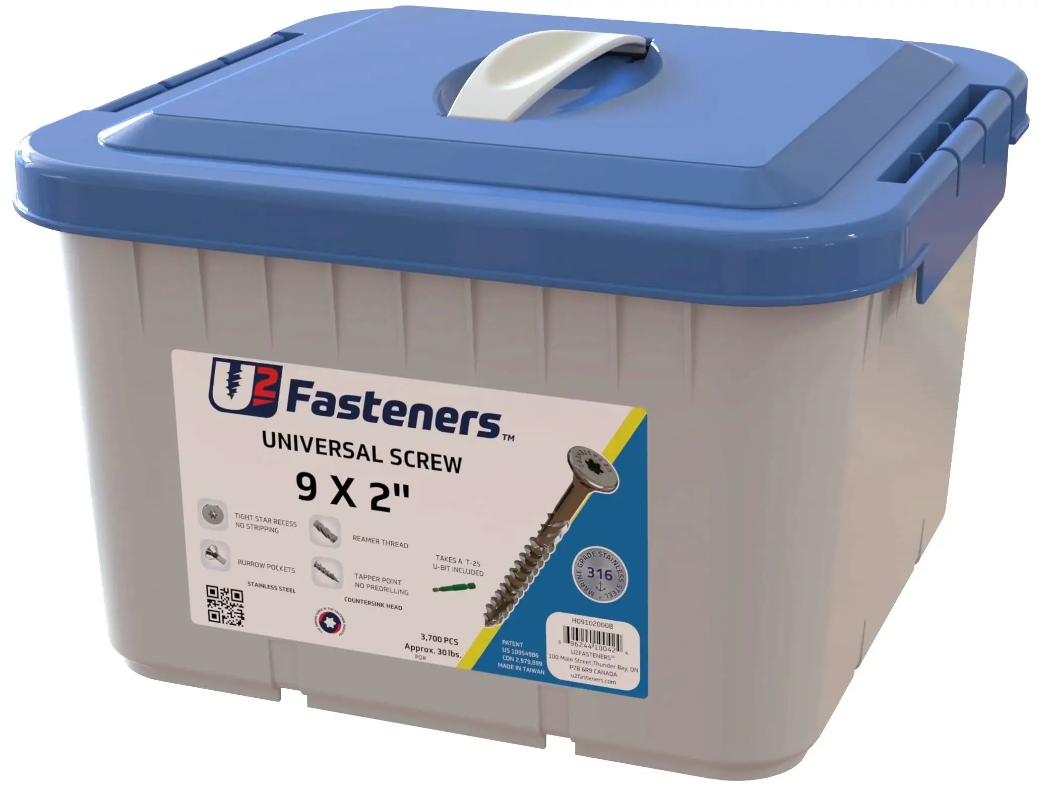U2 Fasteners 9 x 2 inch universal screws in bulk bin, stainless steel, 3,700 pcs for industrial use