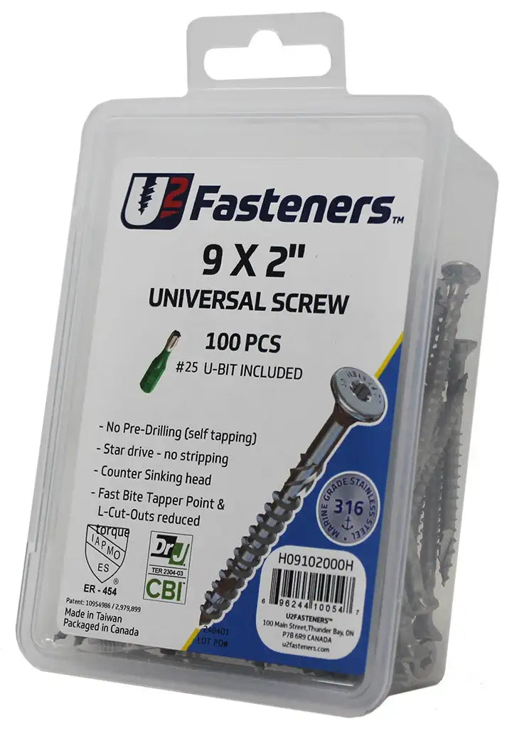 U2 Fasteners 9x2 inch universal screws, 100 pcs, stainless steel, self-tapping, includes #25 U-bit