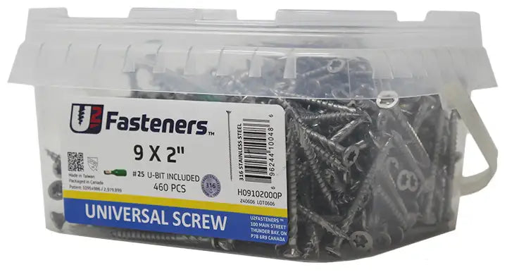 9x2 inch universal screws in clear container, 460 pcs, stainless steel, #25 U-bit included