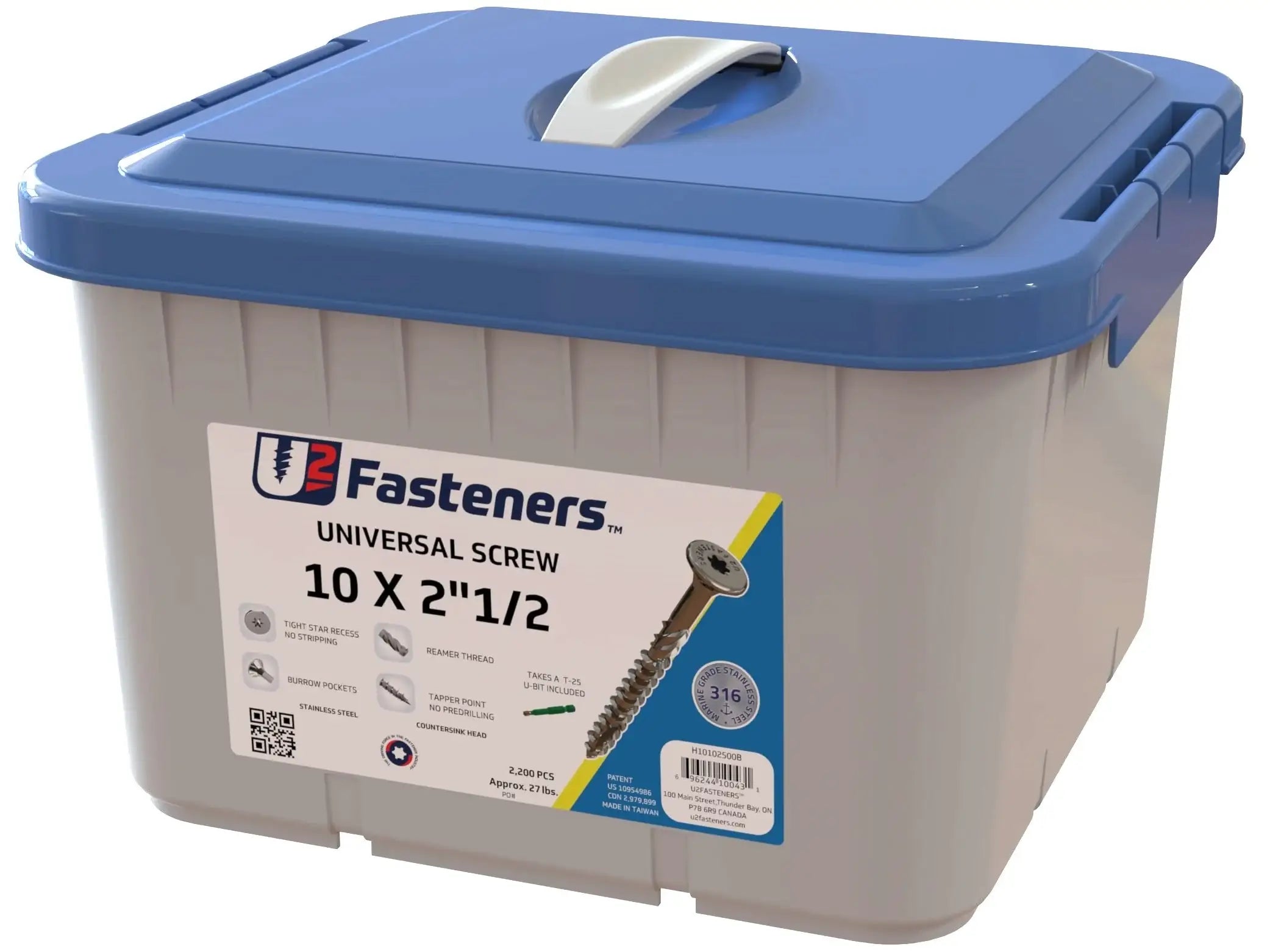 U2 Fasteners 10 x 2-1/2 inch universal screws in bulk container, stainless steel, 2,200 pcs