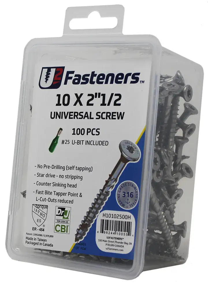 10 x 2-1/2 inch universal screws, 316 stainless steel, self-tapping, star drive, 100 pcs with U-bit
