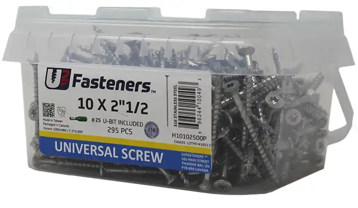 295 pcs 10 x 2-1/2 in stainless steel universal screws in clear container, #25 U-bit included
