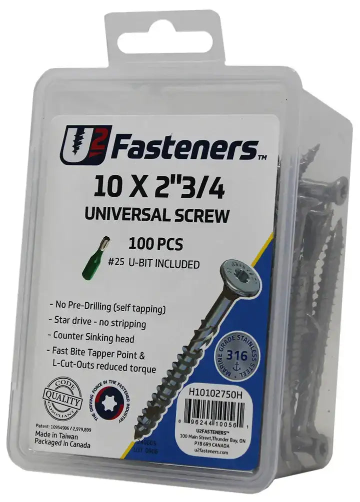 U2 Fasteners 10 x 2-3/4 in Universal Screws, 100 pcs, marine grade 316 stainless steel, self-tapping, includes #25 U-bit
