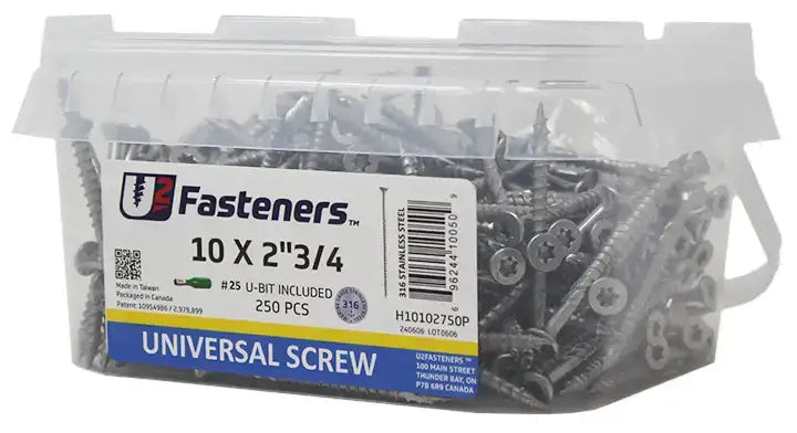 250-pack 10 x 2-3/4 inch universal screws in clear container, stainless steel, #25 U-bit included