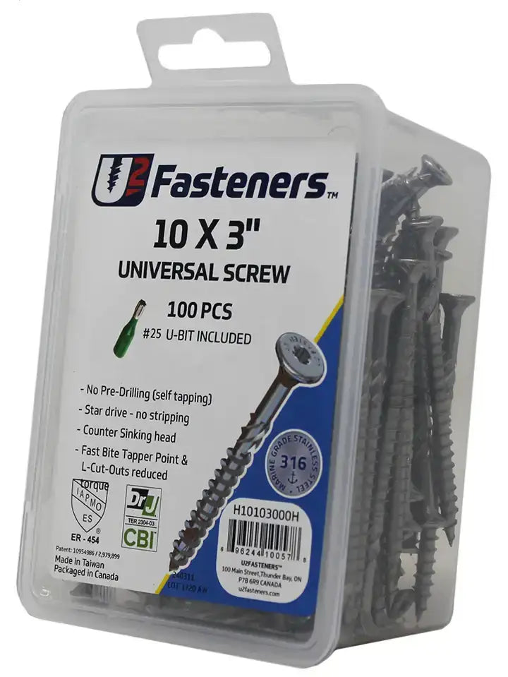 U2 Fasteners 10 x 3" universal screws, 100 pcs, stainless steel, self-tapping, includes #25 U-bit