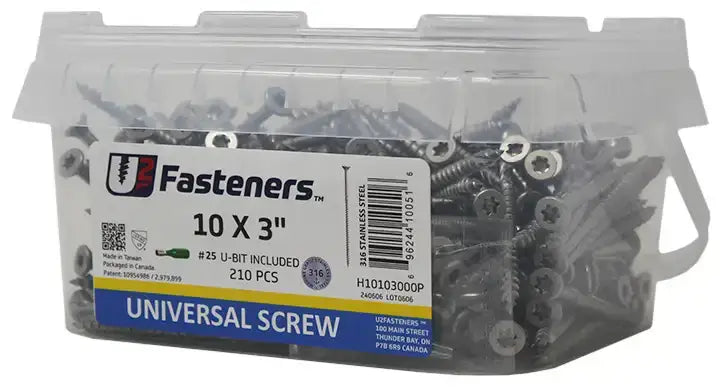 10 x 3 inch universal screws in clear container, 210 pcs, stainless steel, #25 U-bit included
