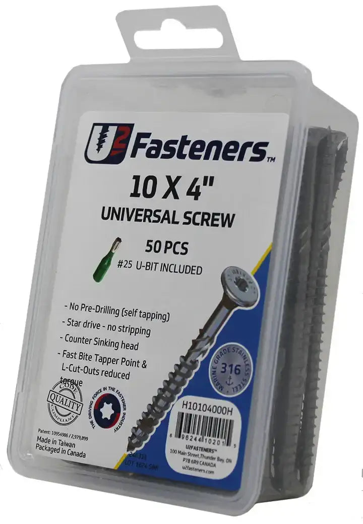 U2 Fasteners 10x4 inch universal screws, 50 pcs, stainless steel, self-tapping, includes #25 U-bit