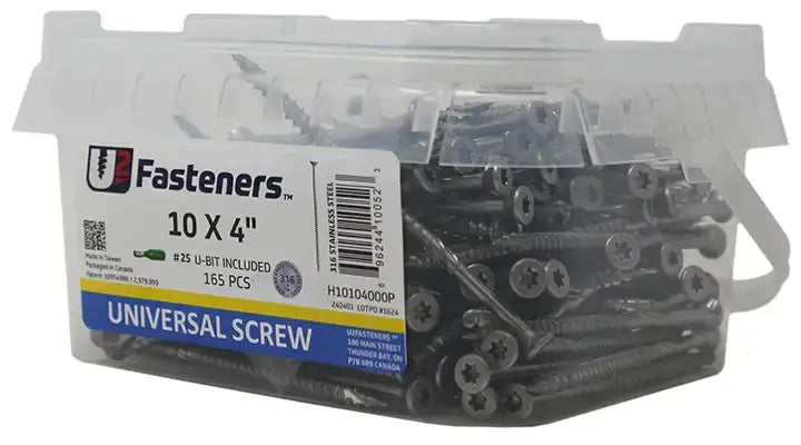 10 x 4 inch universal screws in clear container, 165 pcs, #25 U-bit included for industrial fastening