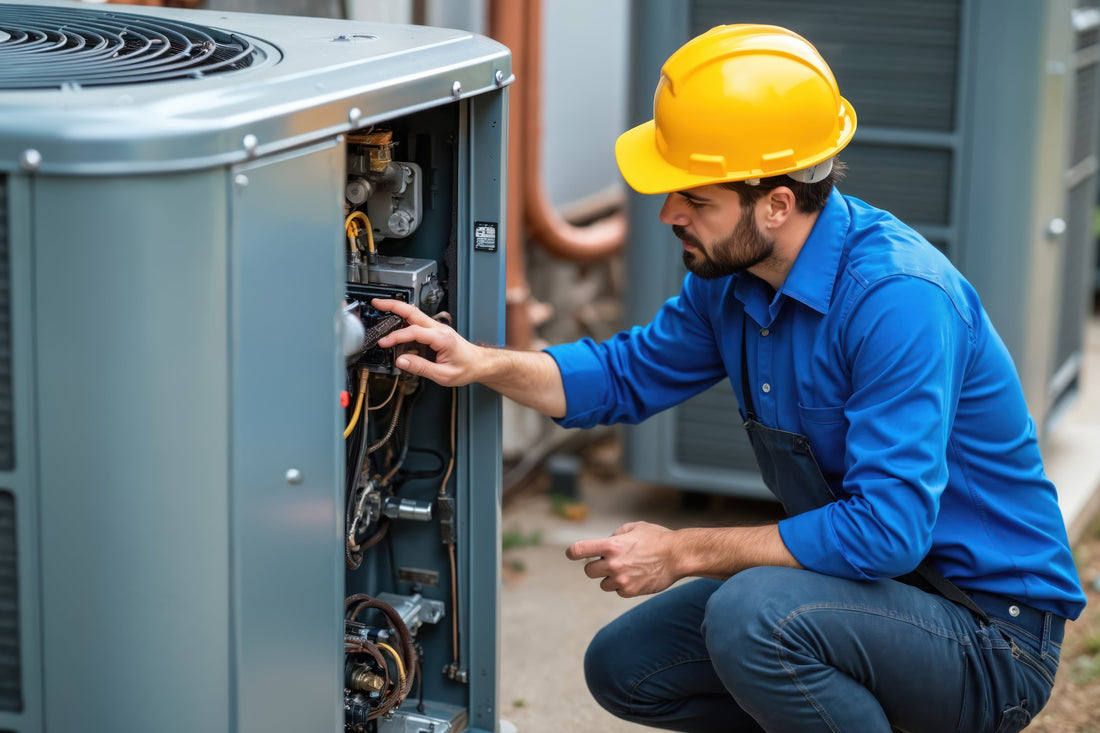 Mechanic in blue shirt and yellow hard hat working on an air conditioning unit.