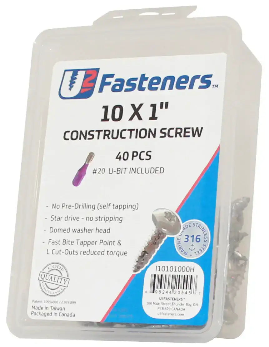U2 Fasteners 10x1 inch construction screws, 40 pcs, marine grade 316 stainless steel, self-tapping, includes #20 U-bit