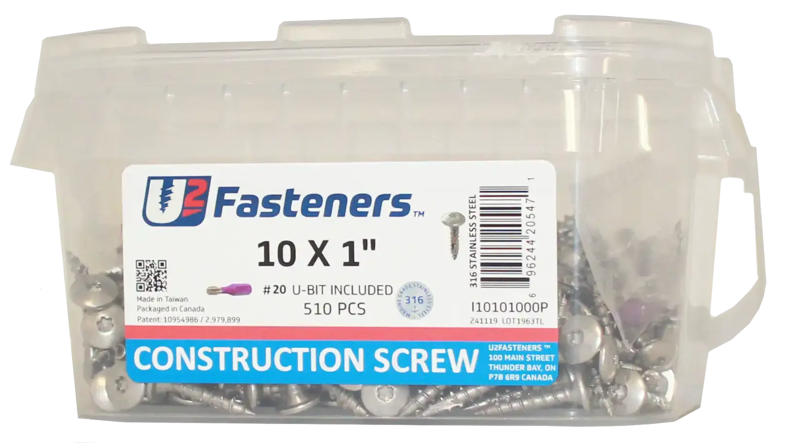 510 pcs 10x1 inch 316 stainless steel construction screws in clear tub, includes #20 U-bit