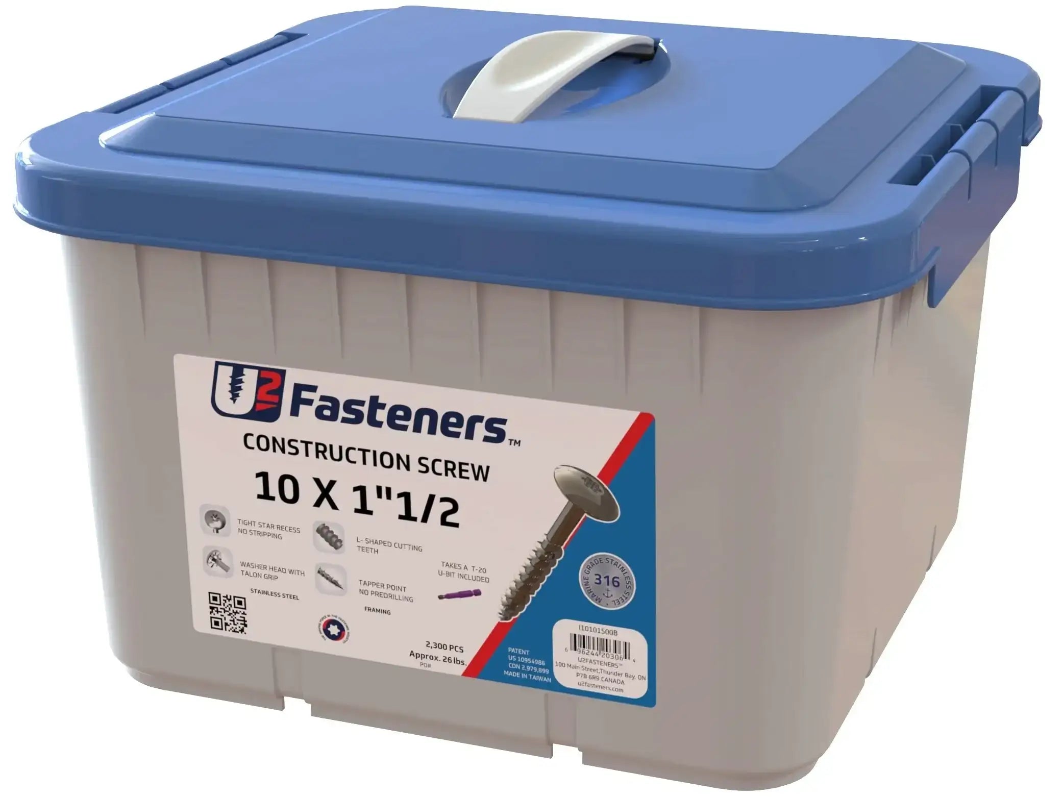 U2 Fasteners 10 x 1-1/2 inch construction screws in bulk plastic container, stainless steel, 2,300 pcs