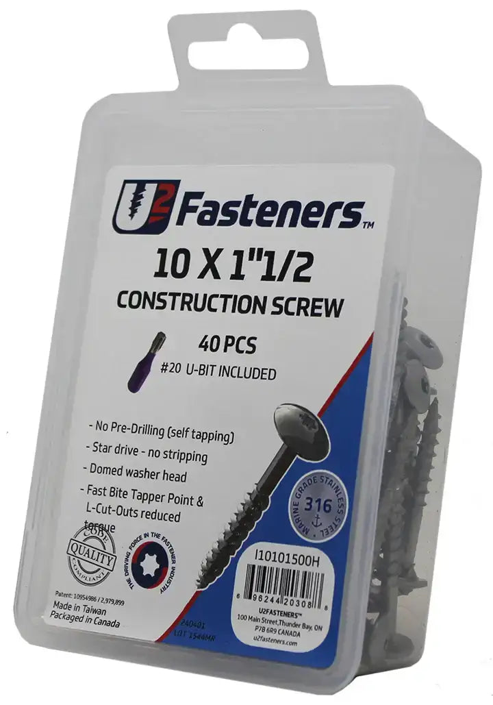 U2 Fasteners 10 x 1-1/2 inch construction screws, 40 pcs, stainless steel, self-tapping, includes #20 U-bit