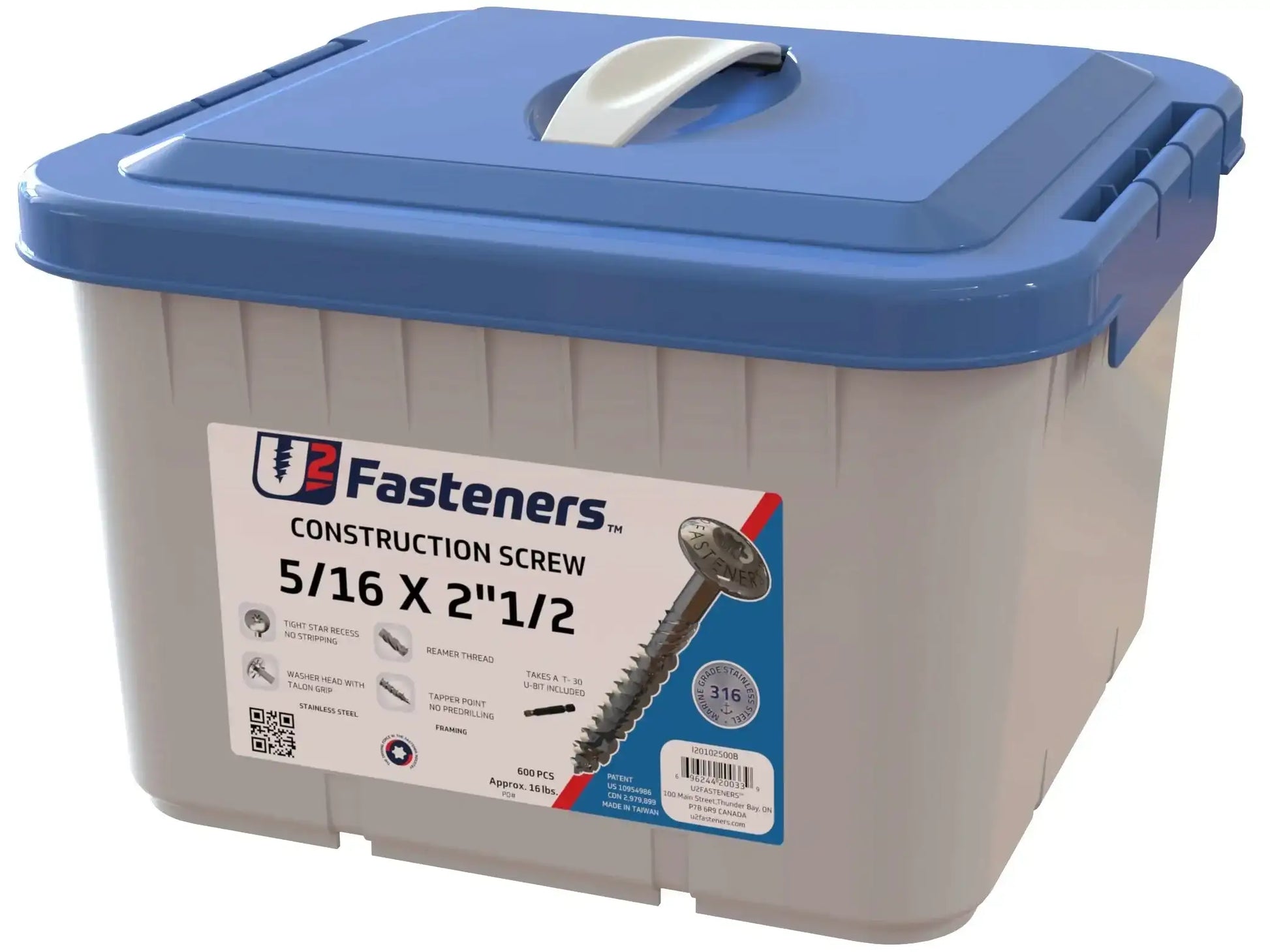 U2 Fasteners 5/16 x 2-1/2 in. construction screws, 600 pcs, stainless steel, in bulk storage bin