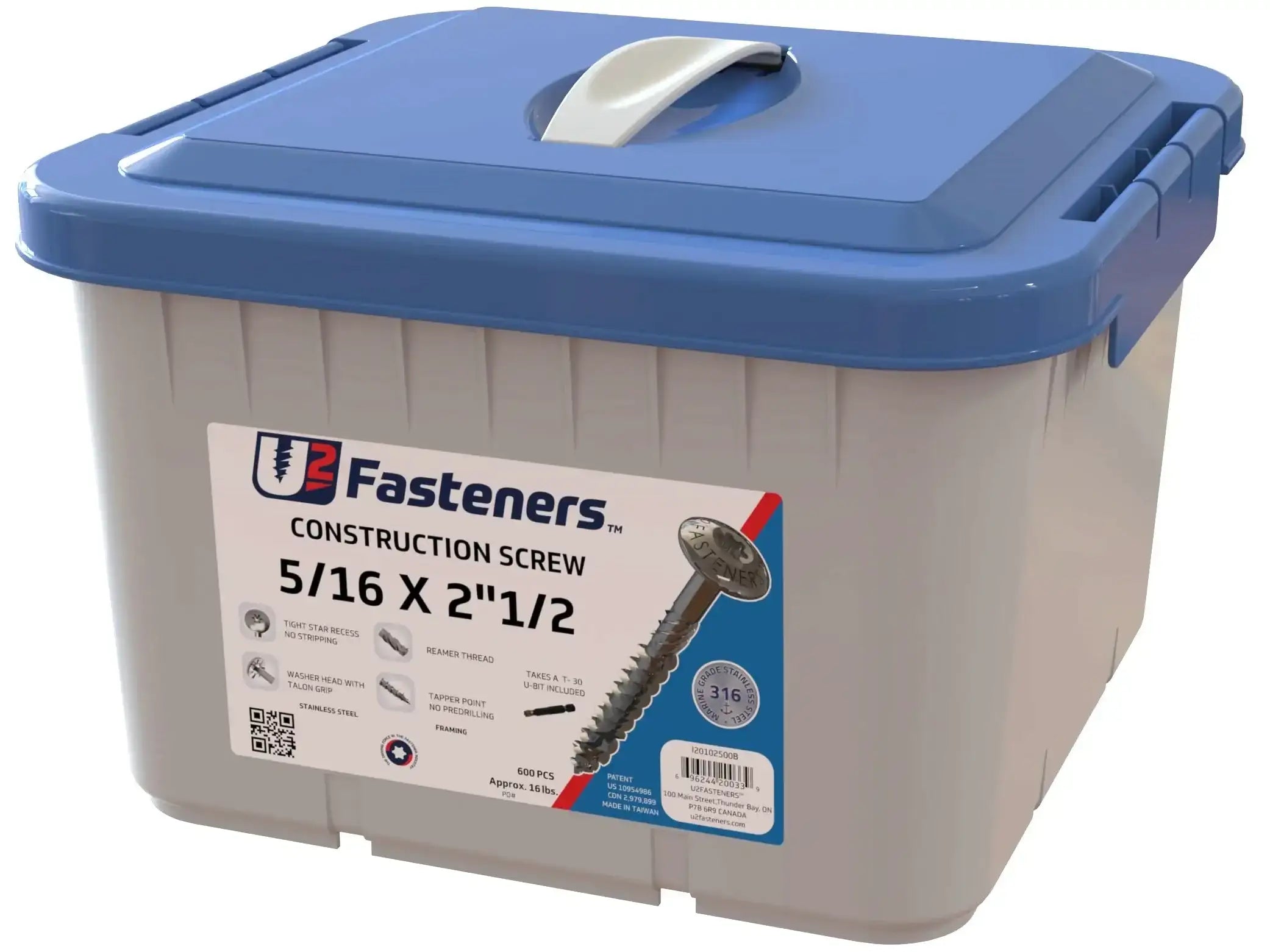 U2 Fasteners 5/16 x 2-1/2 in. construction screws, 600 pcs, stainless steel, in bulk storage bin