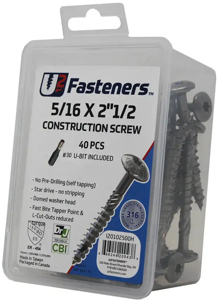 U2 Fasteners 5/16 x 2-1/2 in construction screws, 40 pcs, stainless steel, self-tapping, star drive