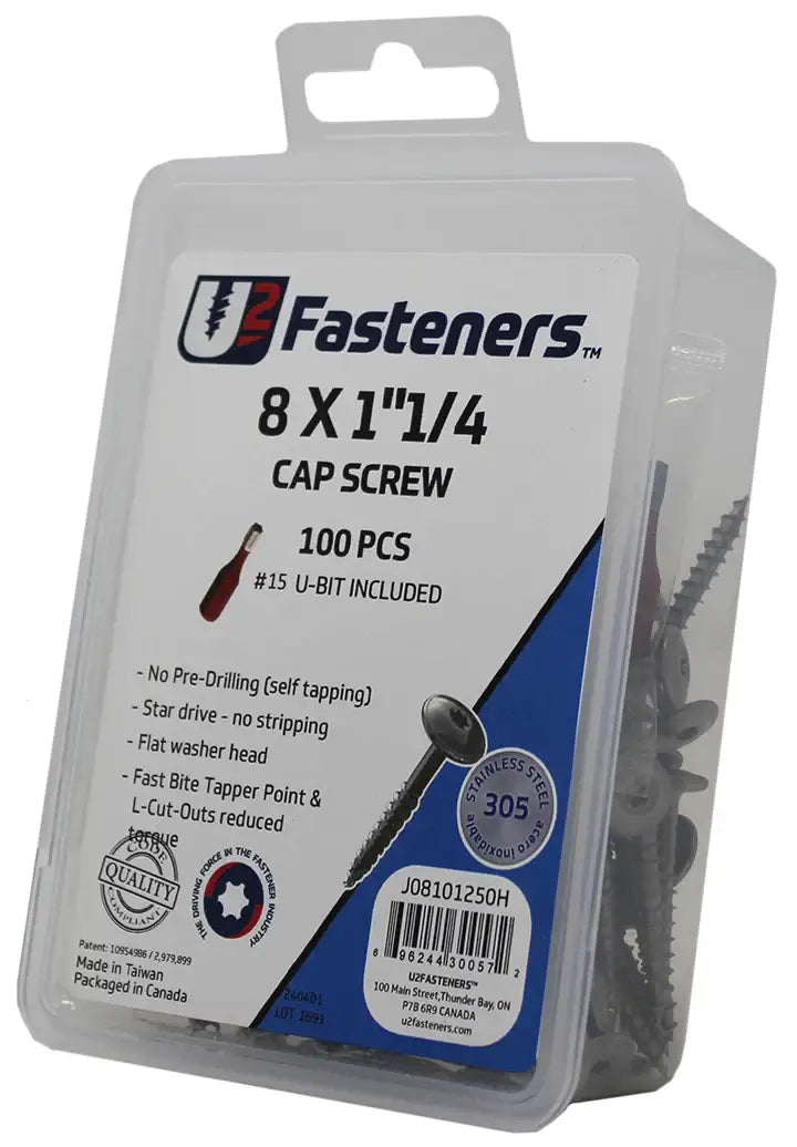 U2 Fasteners 8 x 1-1/4 inch cap screws, 100 pcs, stainless steel, self-tapping, includes #15 U-bit