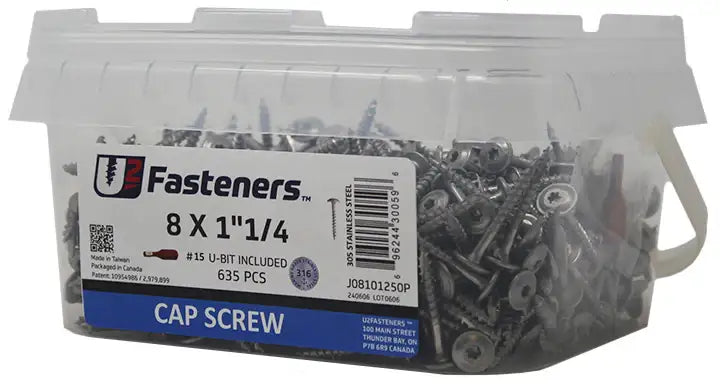 8 x 1-1/4 inch stainless steel cap screws in clear container, 635 pcs, #15 U-bit included