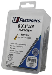 U2 Fasteners 8 x 1-1/2 inch fine screws, 100 pcs, stainless steel, self-tapping, includes #10 U-bit