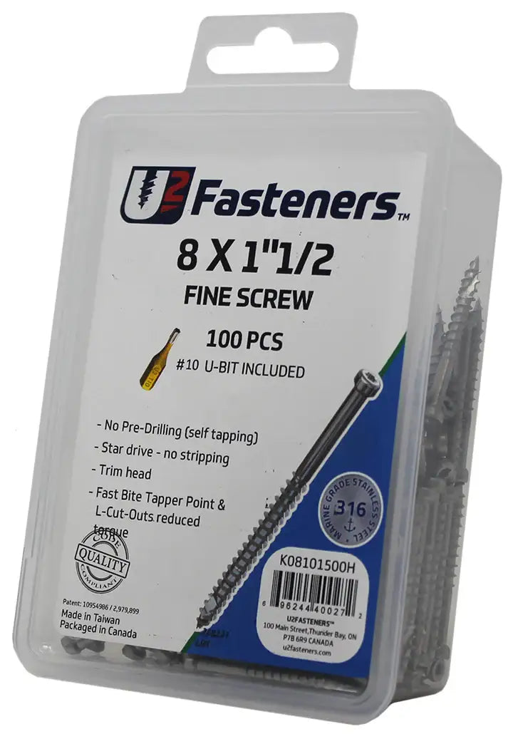U2 Fasteners 8 x 1-1/2 inch fine screws, 100 pcs, stainless steel, self-tapping, includes #10 U-bit