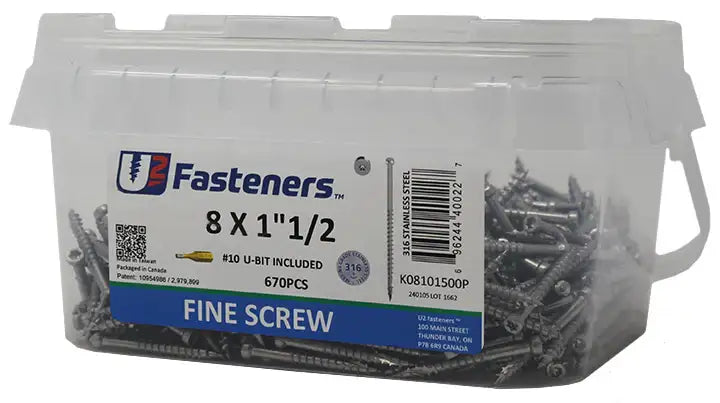 8 x 1-1/2 inch fine thread stainless steel screws in clear container, #10 U-bit included, 670 pcs