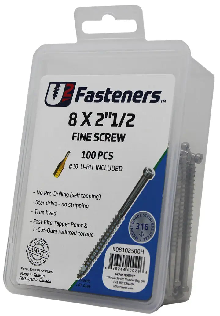 U2 Fasteners 8 x 2-1/2 inch fine screws, 100 pcs, stainless steel, self-tapping, includes #10 U-bit