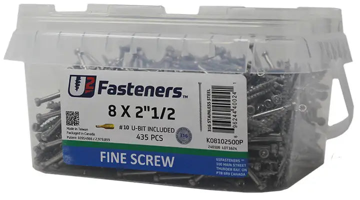 8 x 2-1/2 inch fine thread screws in clear container, 435 pcs, 316 stainless steel, includes #10 U-bit