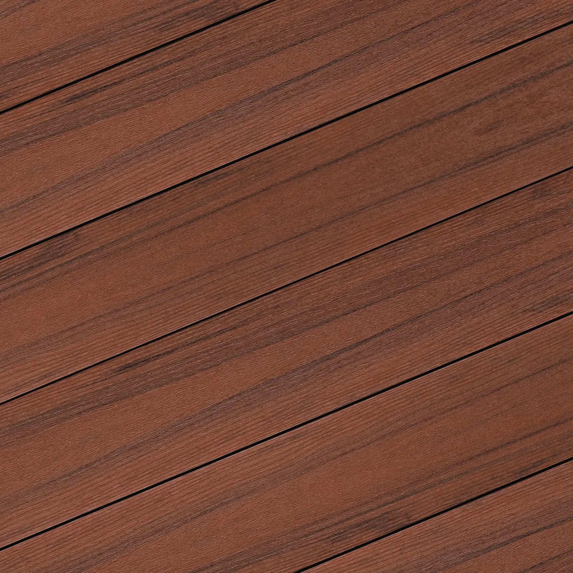 Rich brown wood grain decking planks with diagonal layout for outdoor patios and industrial applications