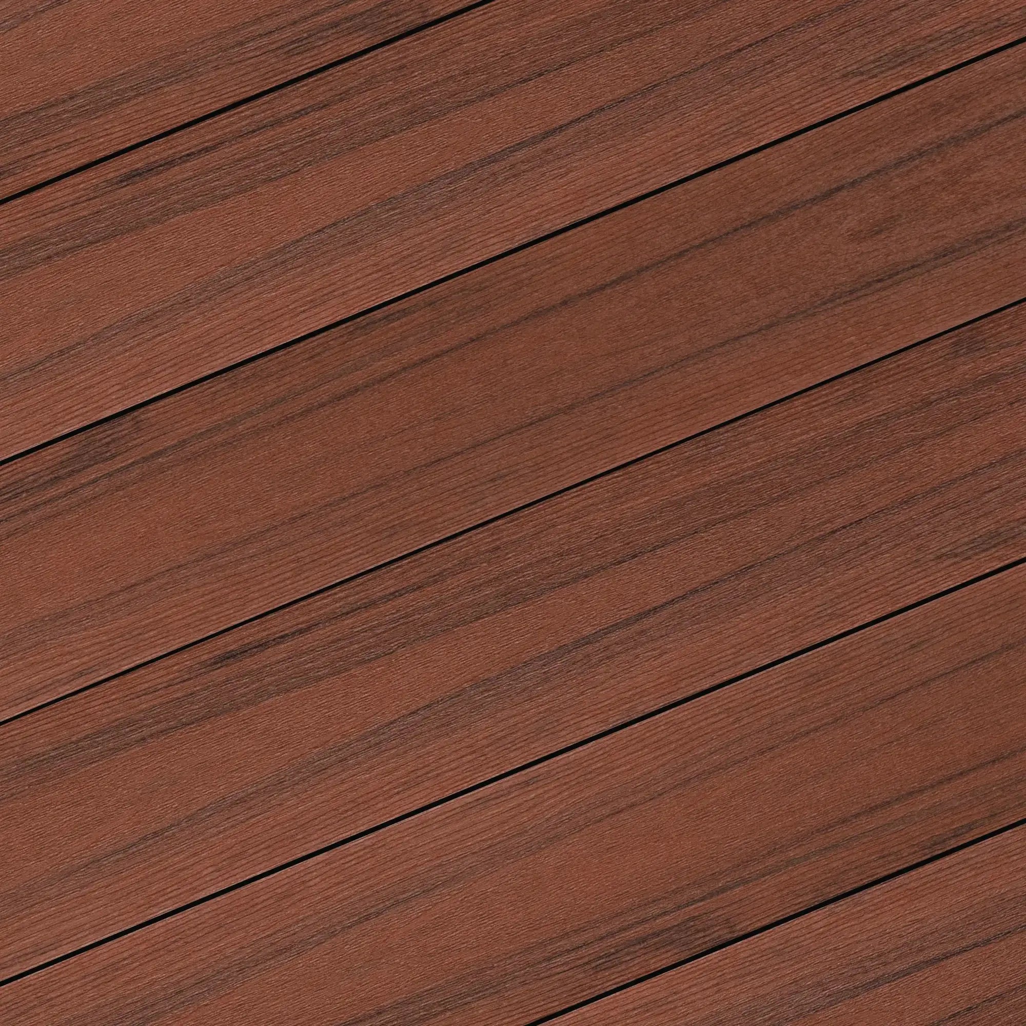 Rich brown wood grain decking planks with diagonal layout for outdoor patios and industrial applications