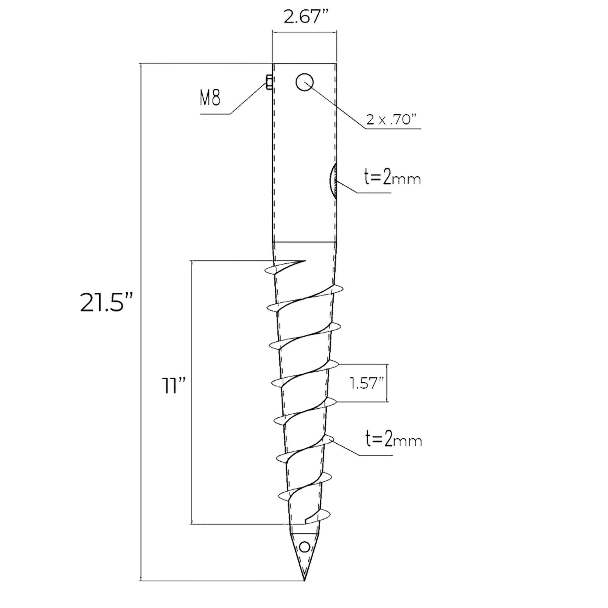 Technical diagram of a metal ground screw with dimensions and thread specifications