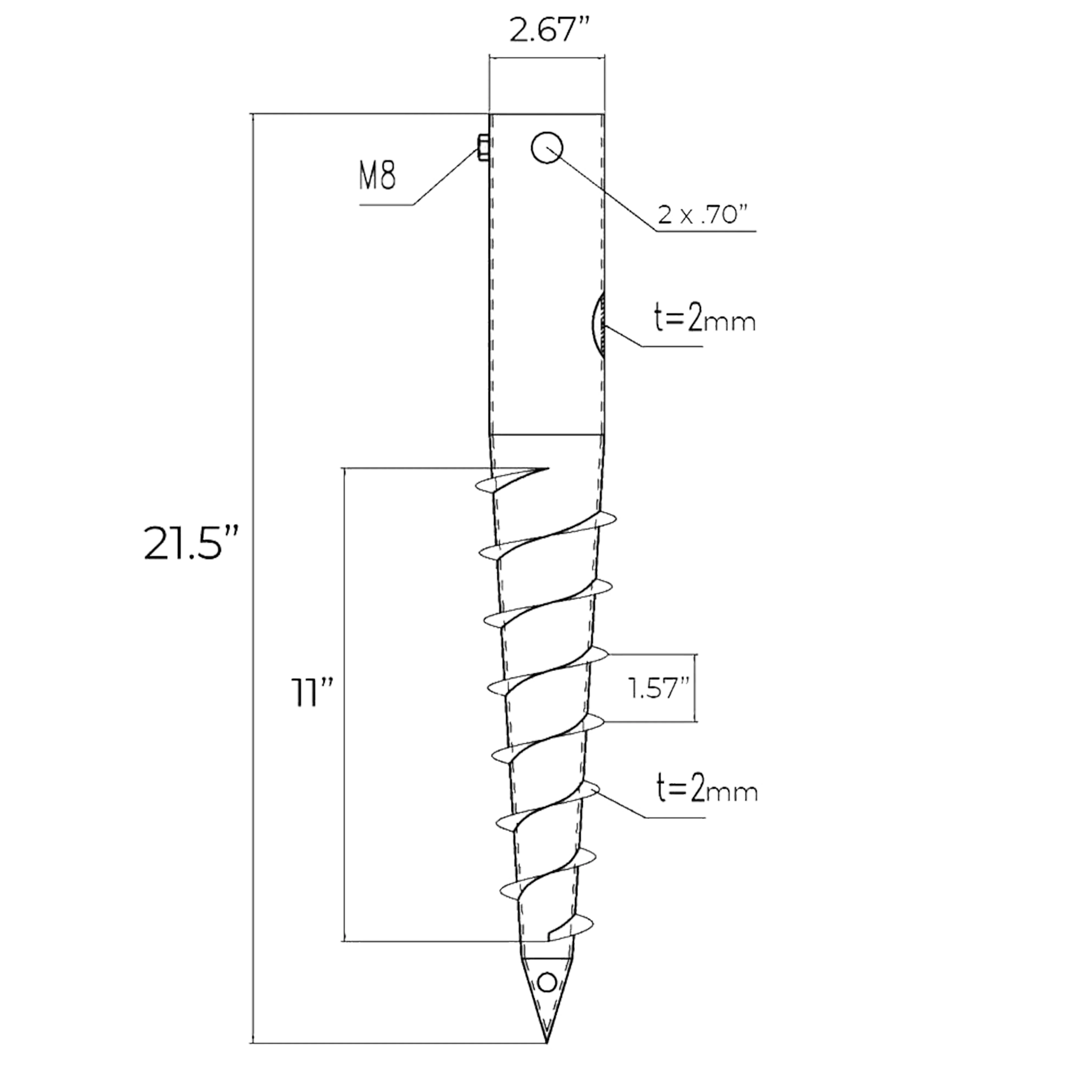 Technical diagram of a metal ground screw with dimensions and thread specifications