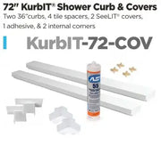 72-inch KurbIT shower curb kit with tile spacers, SeeLIT covers, adhesive, and internal corners for bathroom installation